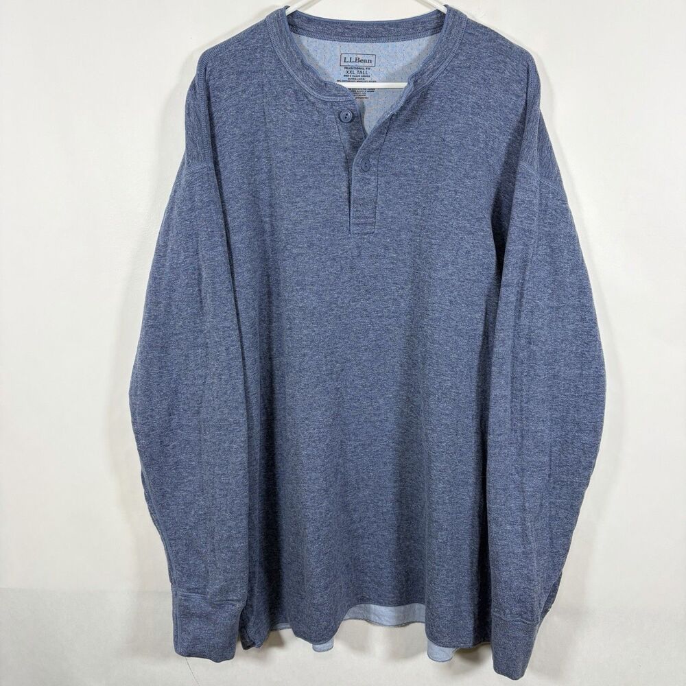 LL Bean River Driver Henley Shirt Mens 2XLT XXL Tall Blue Wool Blend Traditional